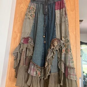 Boho Patchwork Ruffle Maxi Skirt - Olive & Denim